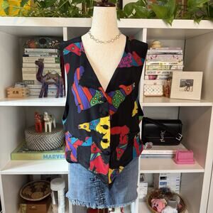 Vintage South Western Aztec Ranch Button Coyote Cactus Vest - Black Red Wms M